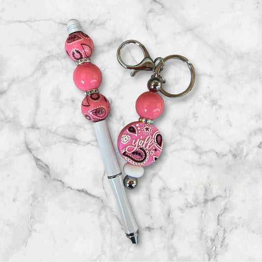 1 Pen & Keychain Pink Bandana Set