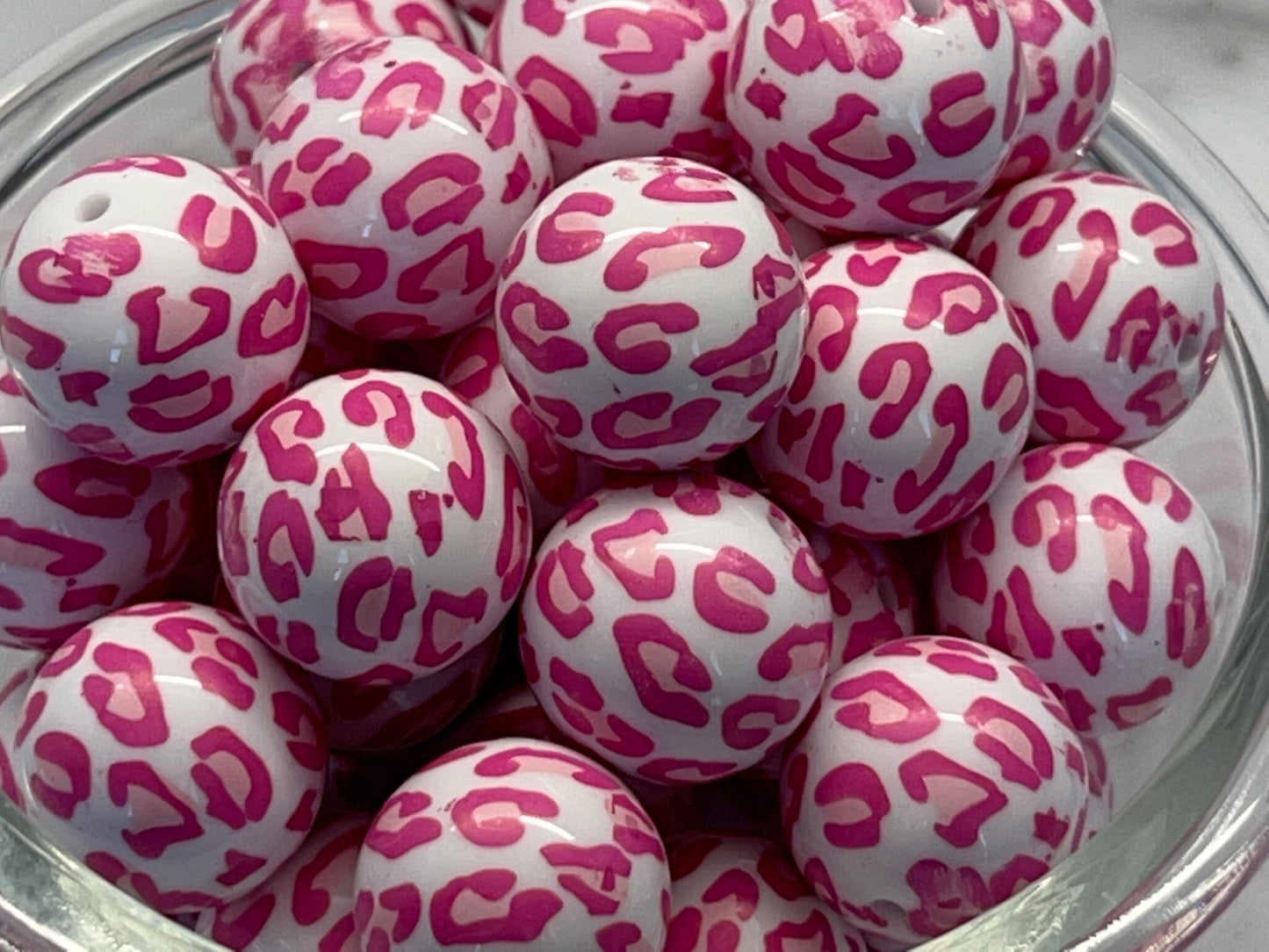 20MM Pink & White Leopard Print Chunky Bubblegum Bead, Acrylic Bubblegum Bead, 10 Beads per order