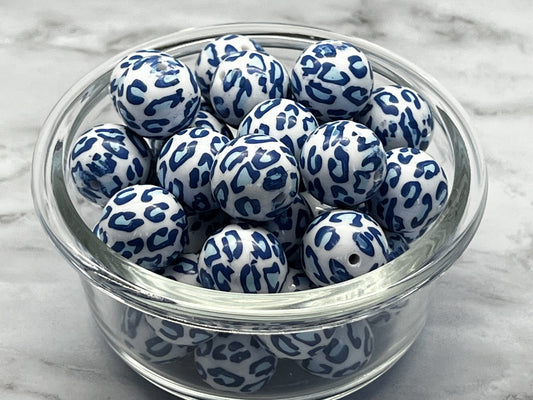 20MM Blue & White Leopard Print Chunky Bubblegum Bead, Acrylic Bubblegum Bead, 10 Beads per order