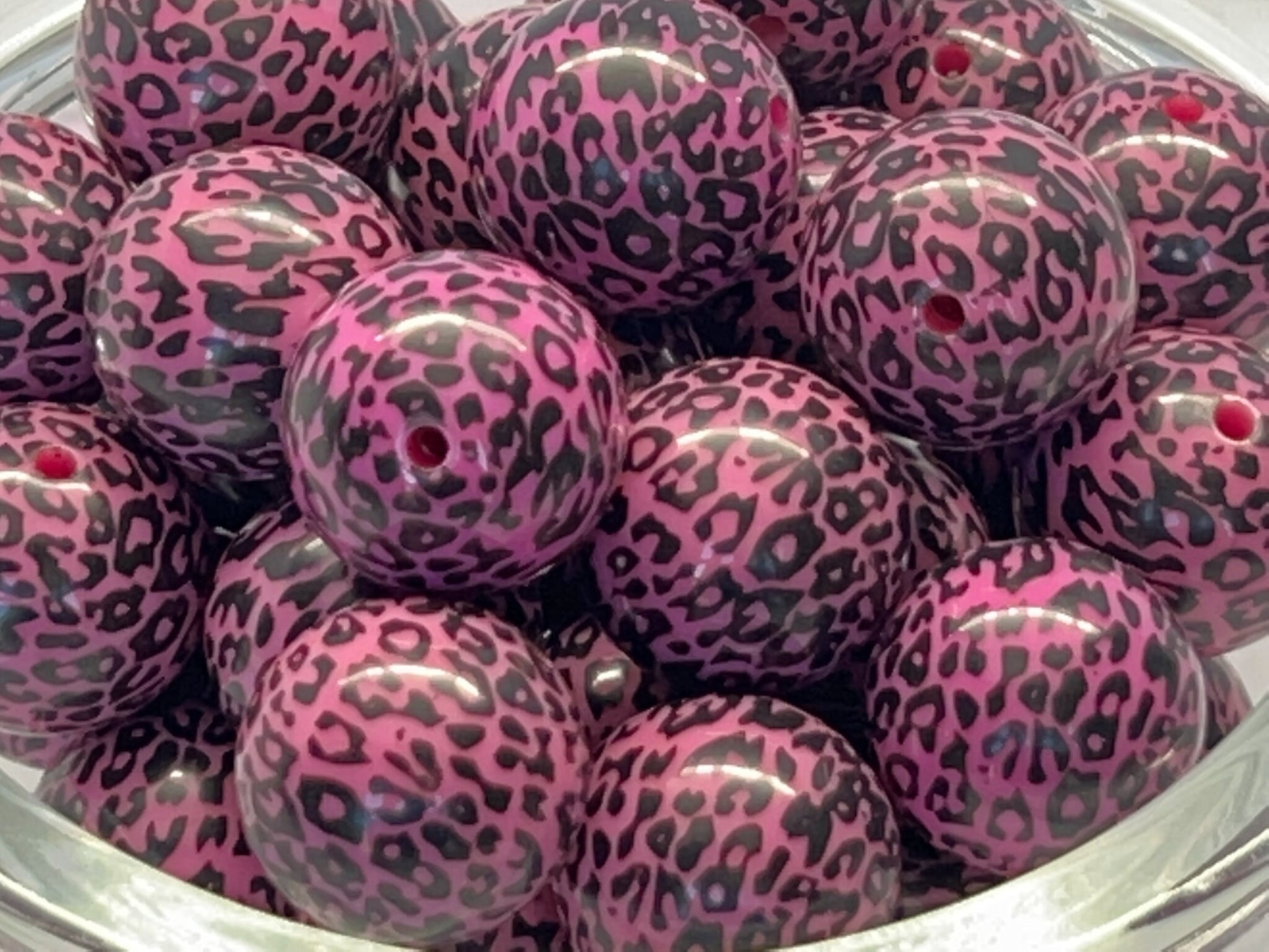 20MM Pink & Black Leopard Print Chunky Bubblegum Bead, Acrylic Bubblegum Bead, 10 Beads per order