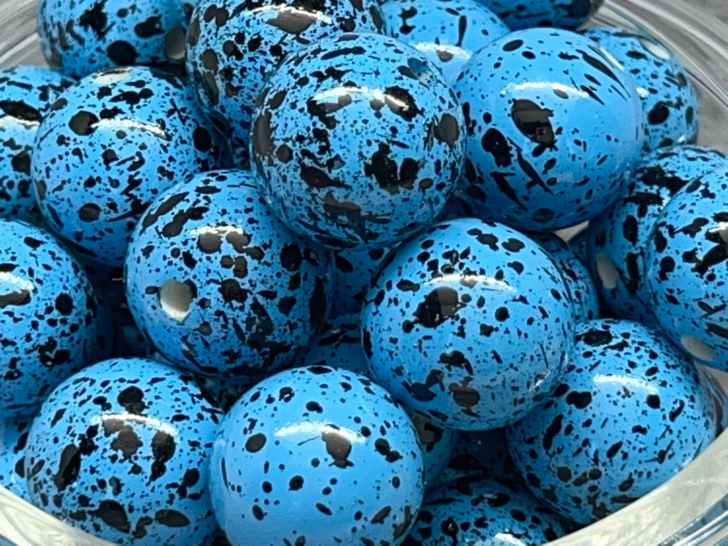 20MM Aqua Blue and Black Splatter Chunky Bubblegum Bead, Acrylic Bubblegum Bead, 10 Beads per order